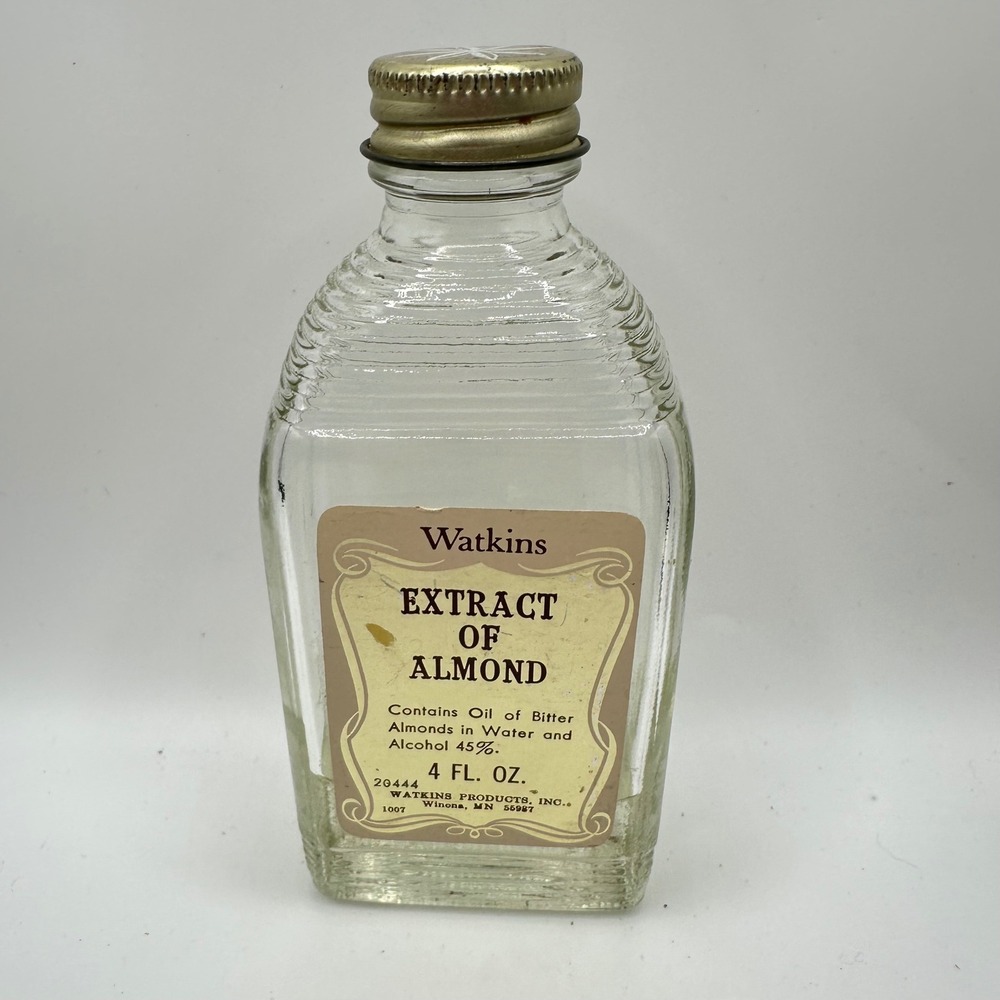 Vintage Watkins Extract of Almond Glass Bottle 4 oz Winona MN Advertising Prop